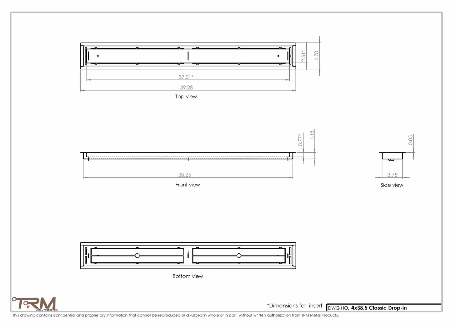4x38.5 - Classic Drop-in Air Vent, Flush Floor-Matching, All Metal, Floor Vent Cover - TRM Metal  38.5x4