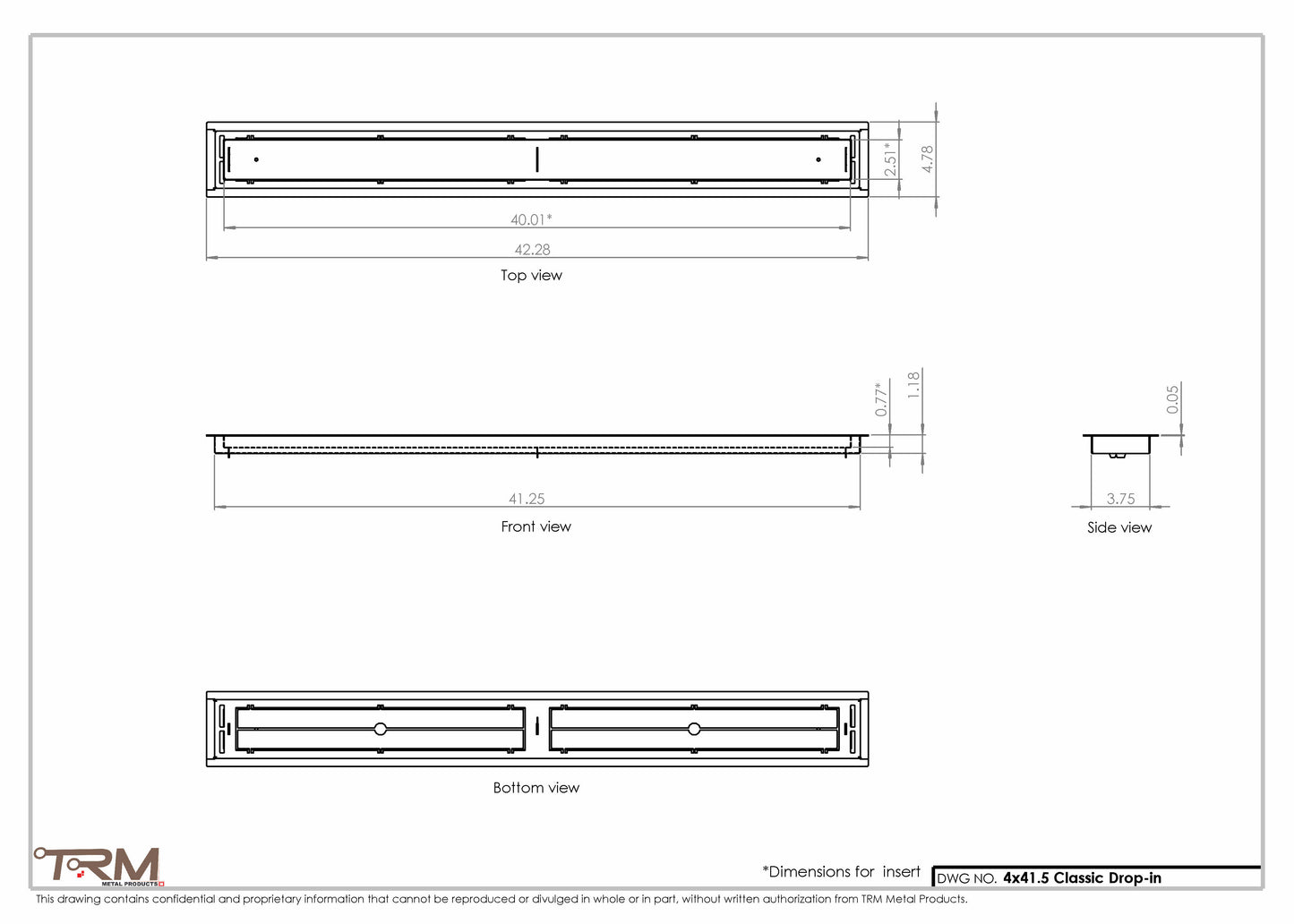 4x41.5 - Classic Drop-in Air Vent, Flush Floor-Matching, All Metal, Floor Vent Cover - TRM Metal  41.5x4