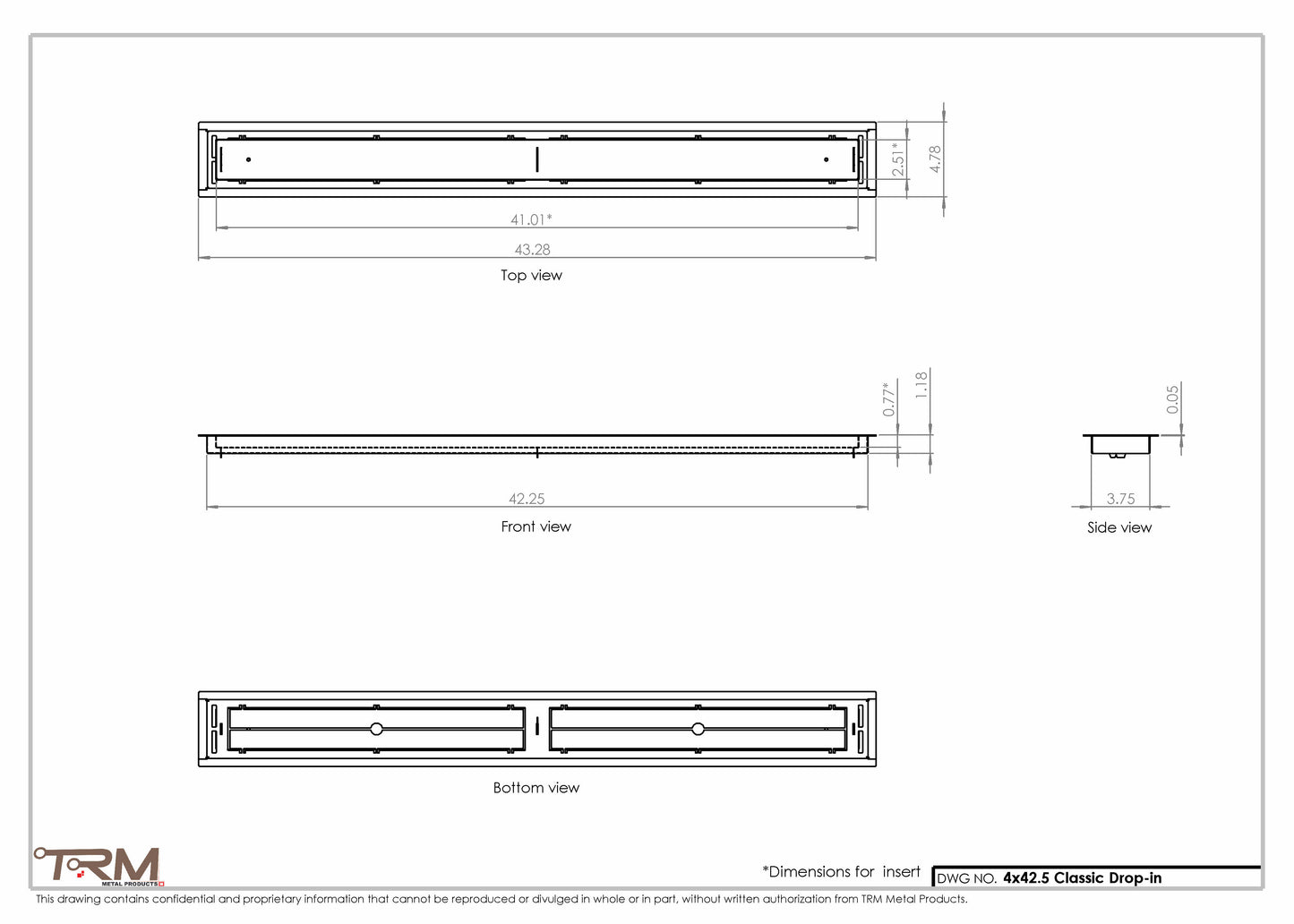 4x42.5 - Classic Drop-in Air Vent, Flush Floor-Matching, All Metal, Floor Vent Cover - TRM Metal  42.5x4
