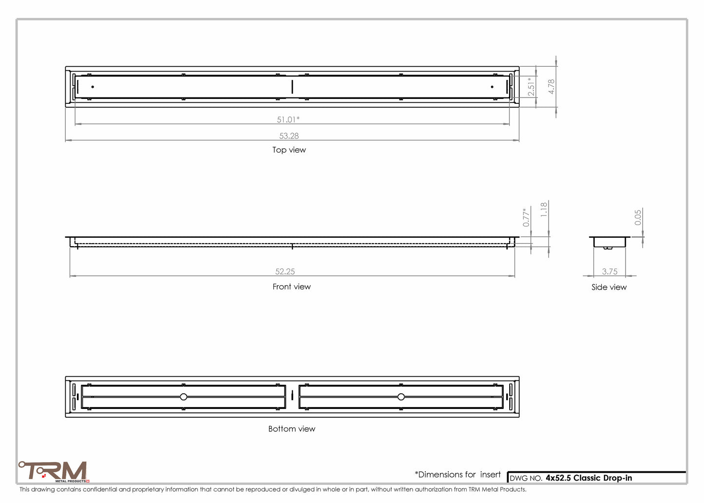 4x52.5 - Classic Drop-in Air Vent, Flush Floor-Matching, All Metal, Floor Vent Cover - TRM Metal  52.5x4