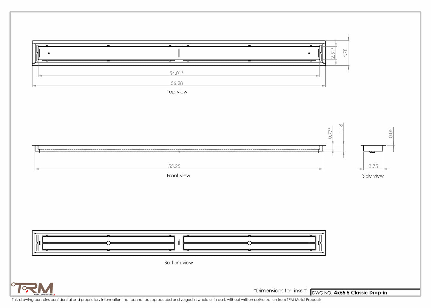 4x55.5 - Classic Drop-in Air Vent, Flush Floor-Matching, All Metal, Floor Vent Cover - TRM Metal  55.5x4