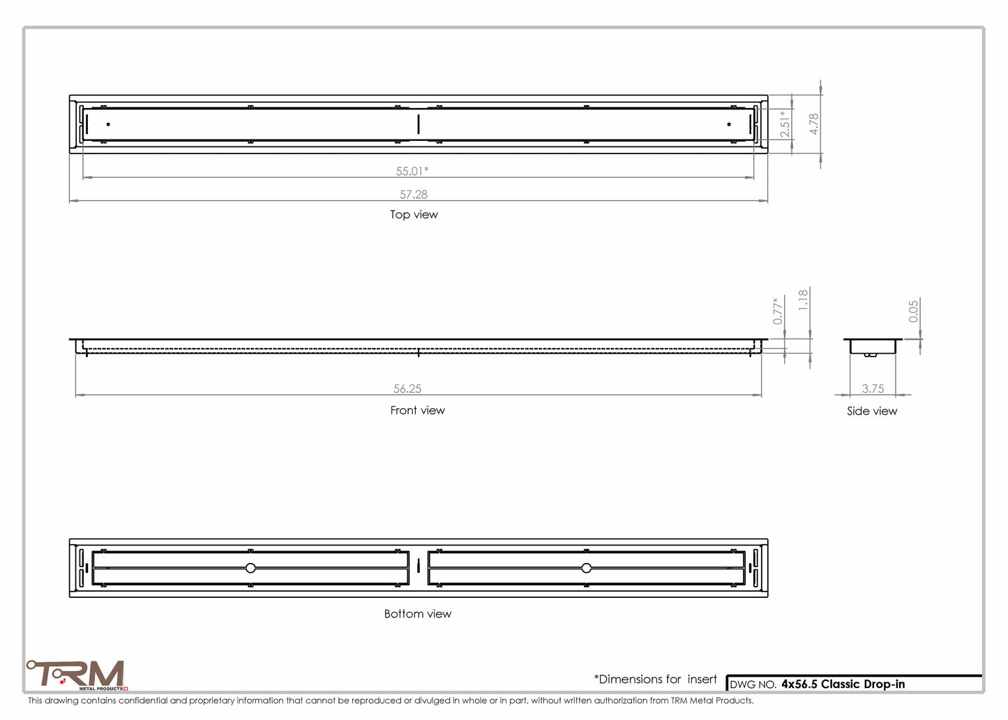 4x56.5 - Classic Drop-in Air Vent, Flush Floor-Matching, All Metal, Floor Vent Cover - TRM Metal  56.5x4