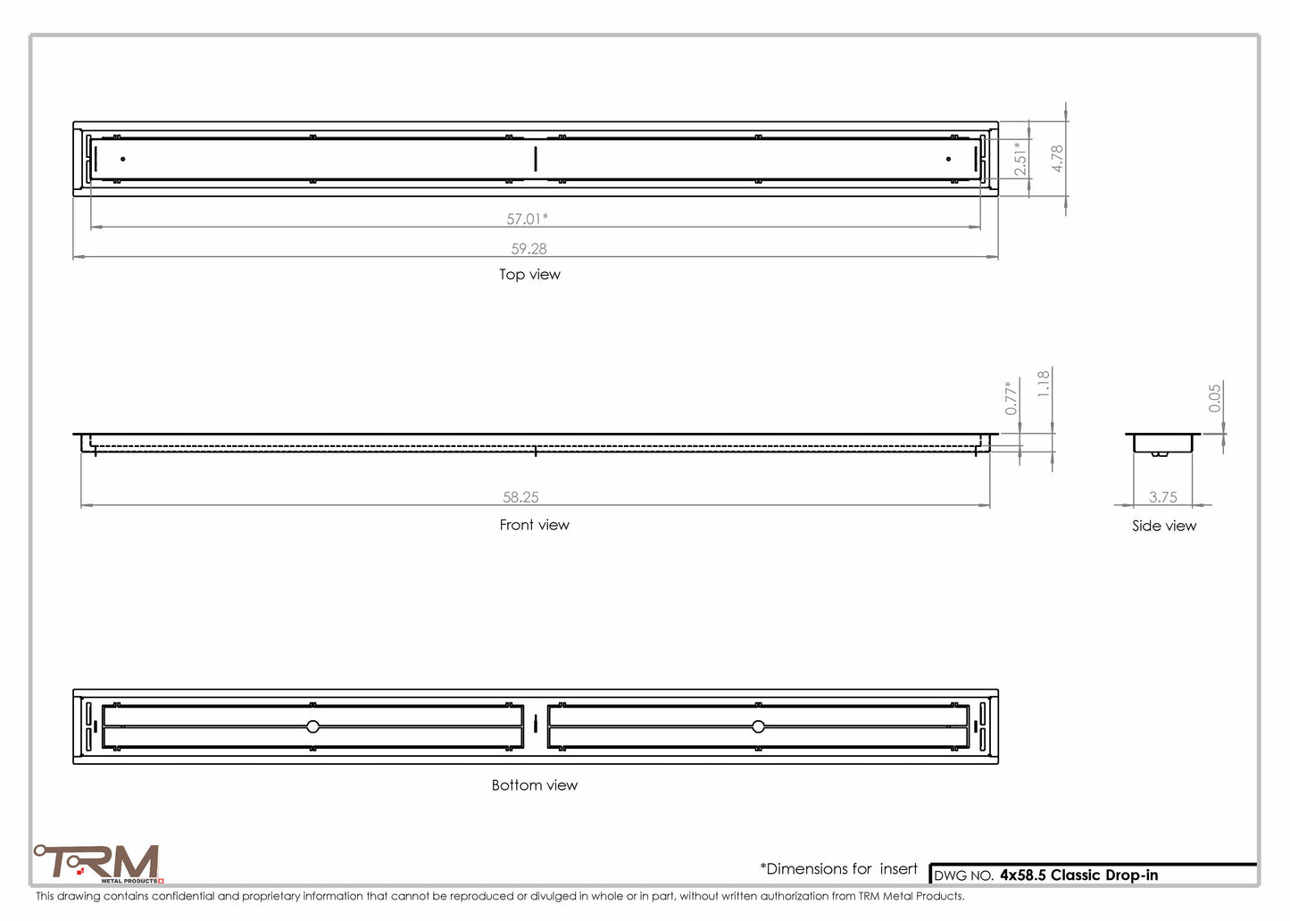 4x58.5 - Classic Drop-in Air Vent, Flush Floor-Matching, All Metal, Floor Vent Cover - TRM Metal  58.5x4