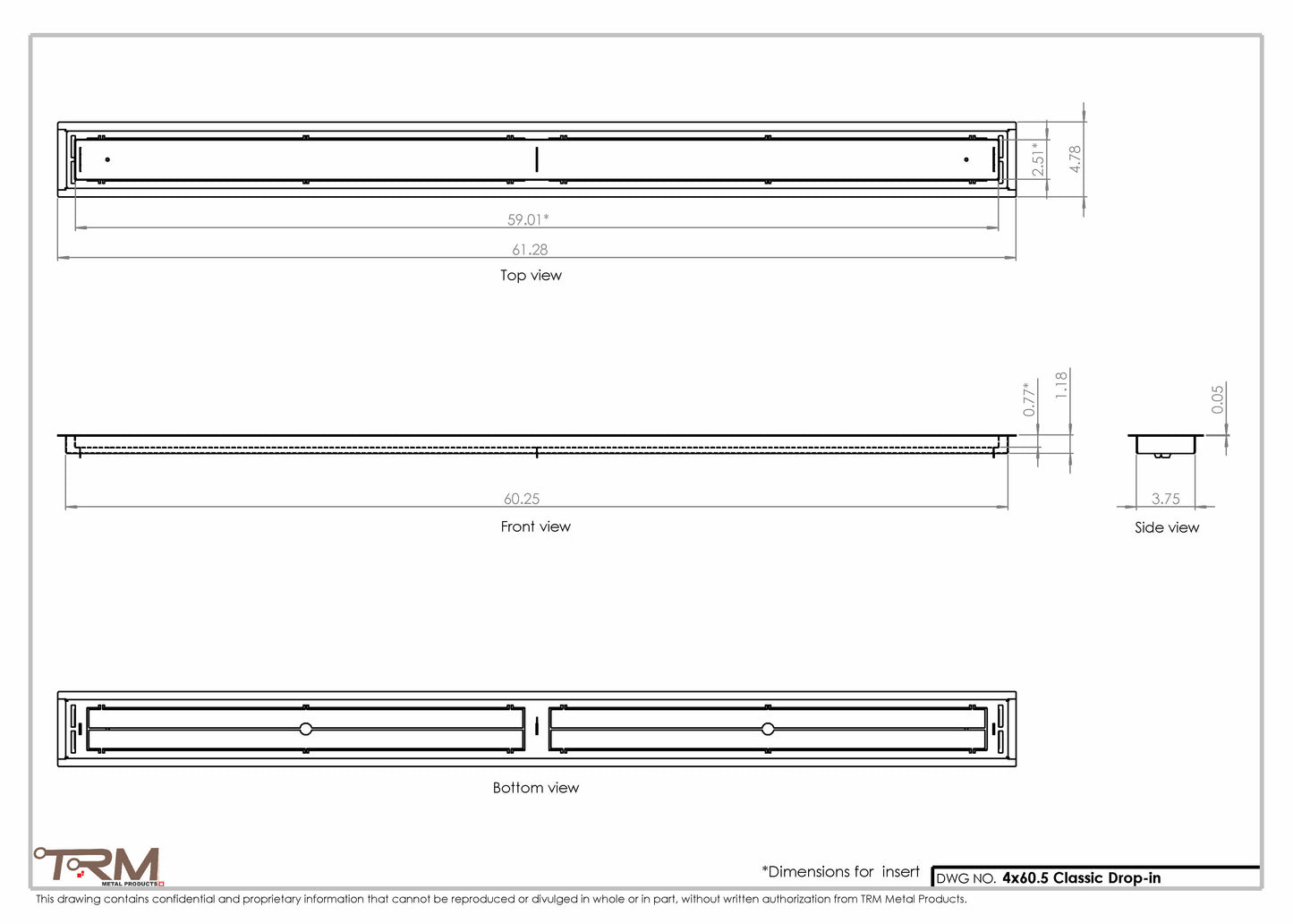 4x60.5 - Classic Drop-in Air Vent, Flush Floor-Matching, All Metal, Floor Vent Cover - TRM Metal  60.5x4