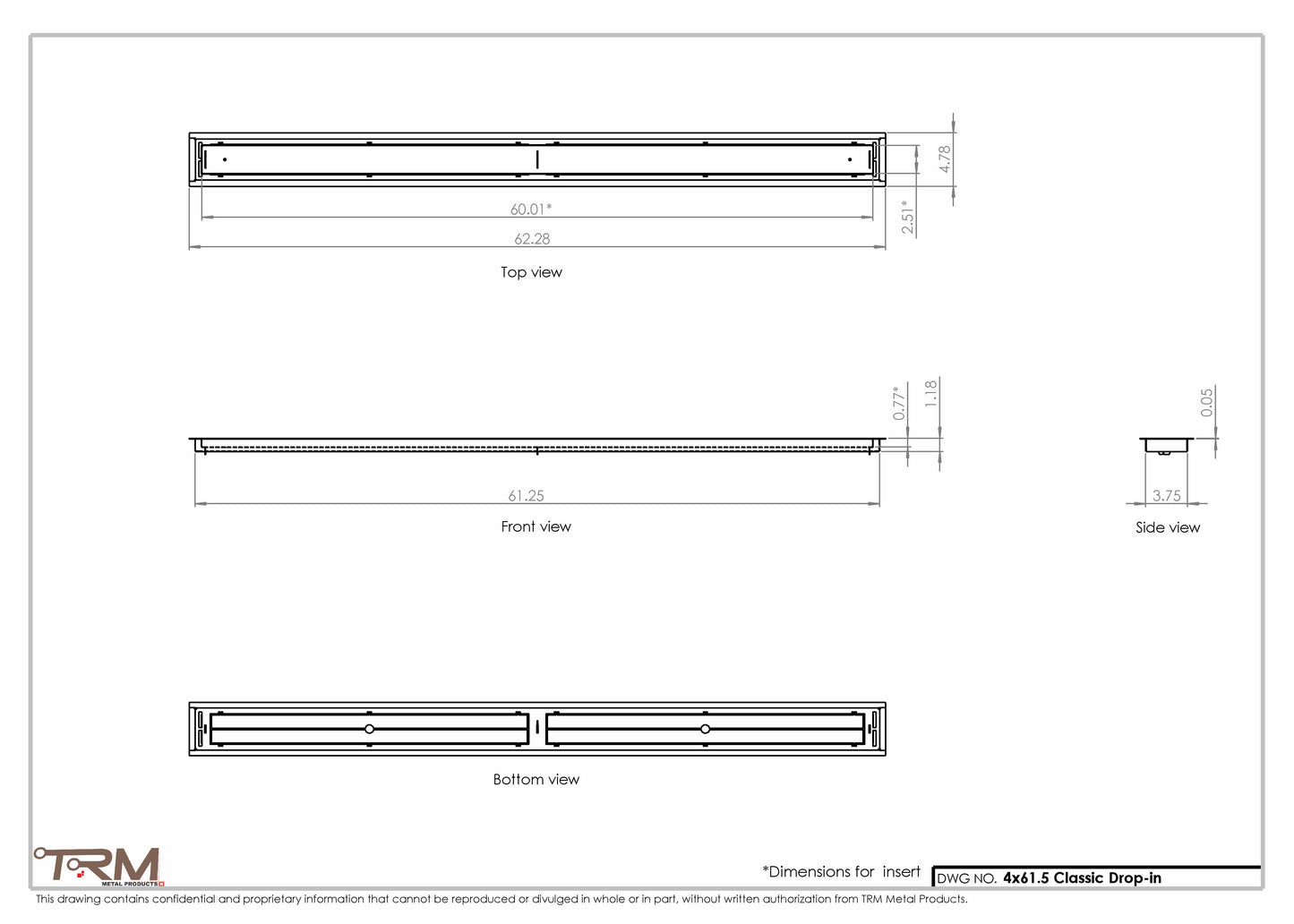 4x61.5 - Classic Drop-in Air Vent, Flush Floor-Matching, All Metal, Floor Vent Cover - TRM Metal  61.5x4