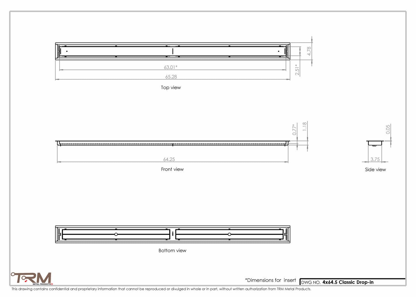 4x64.5 - Classic Drop-in Air Vent, Flush Floor-Matching, All Metal, Floor Vent Cover - TRM Metal  64.5x4