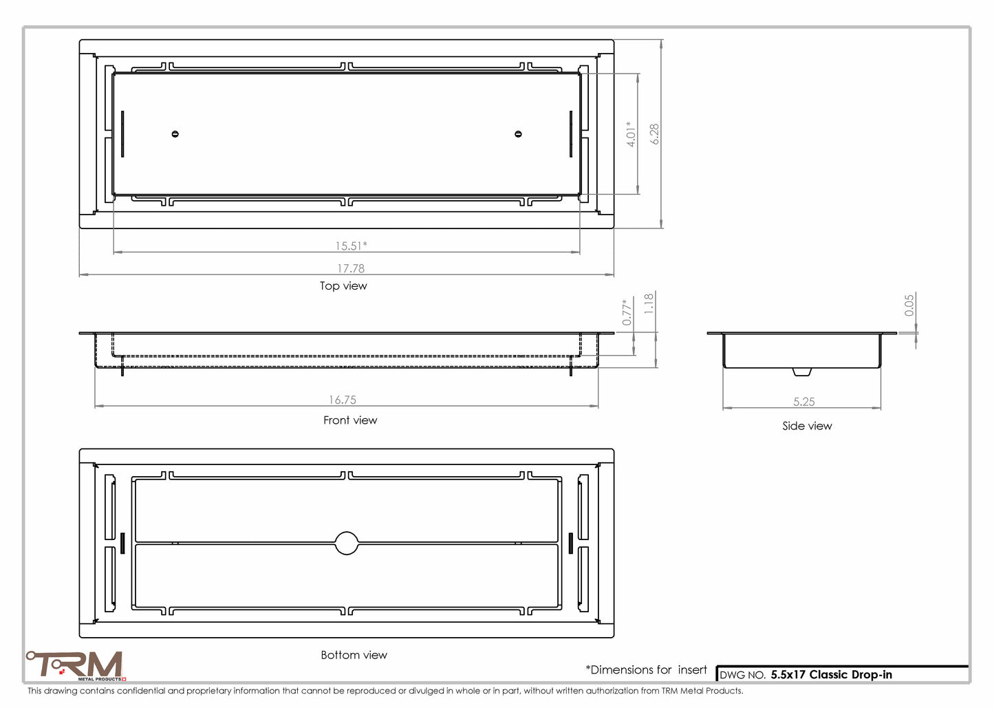 5.5x17 - Classic Drop-in Air Vent, Flush Floor-Matching, All Metal, Floor Vent Cover - TRM Metal  17x5.5