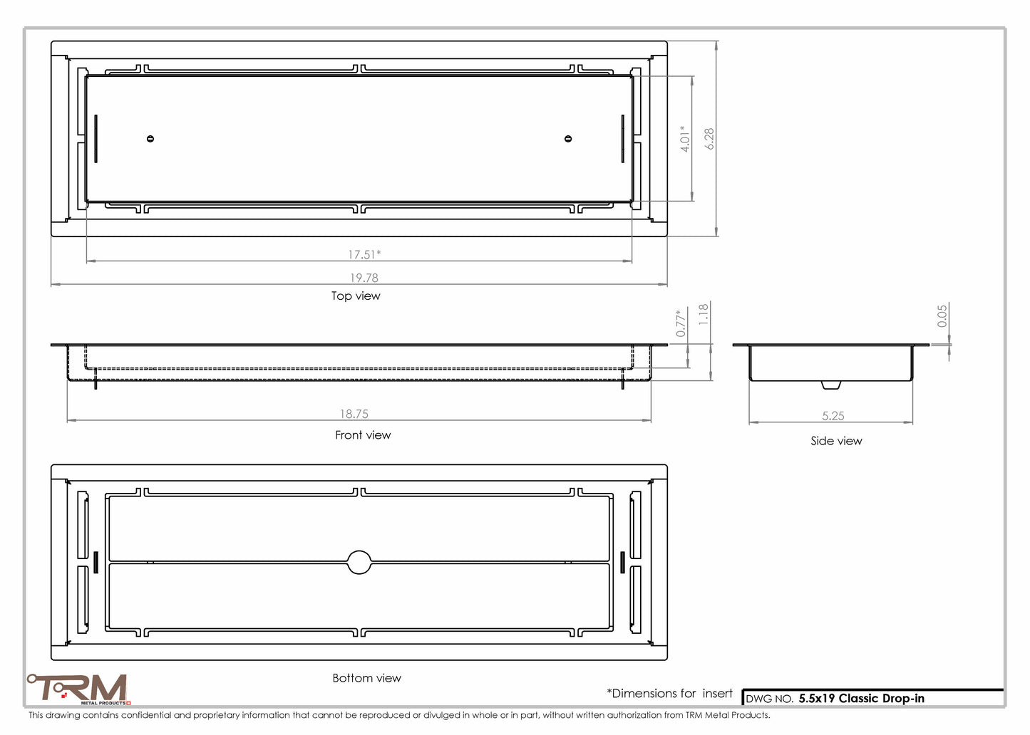5.5x19 - Classic Drop-in Air Vent, Flush Floor-Matching, All Metal, Floor Vent Cover - TRM Metal  19x5.5
