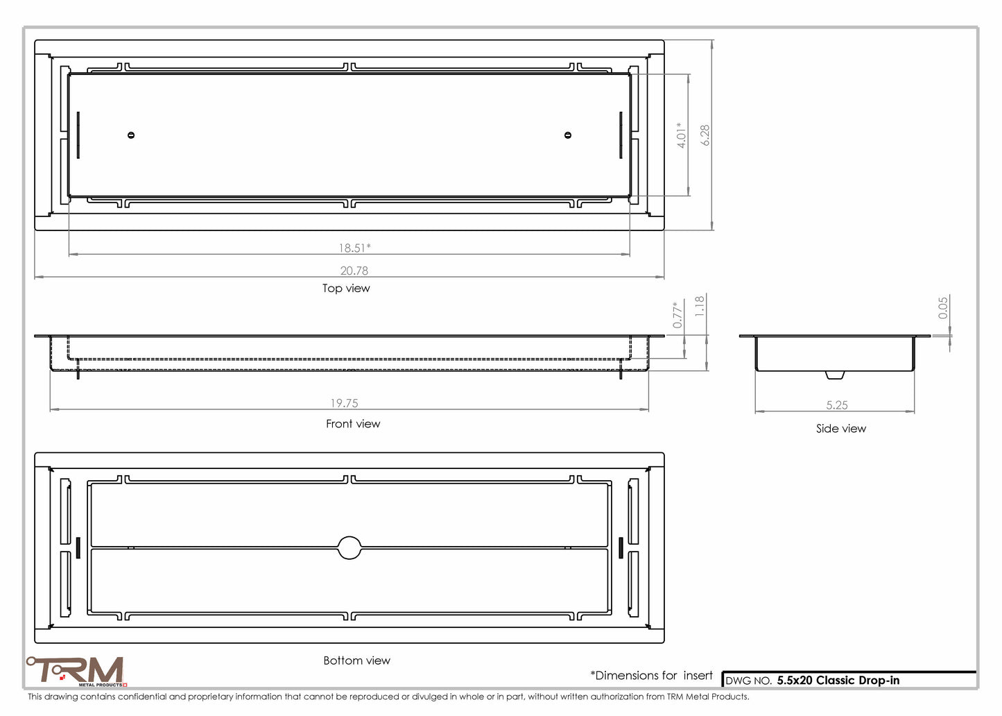 5.5x20 - Classic Drop-in Air Vent, Flush Floor-Matching, All Metal, Floor Vent Cover - TRM Metal  20x5.5