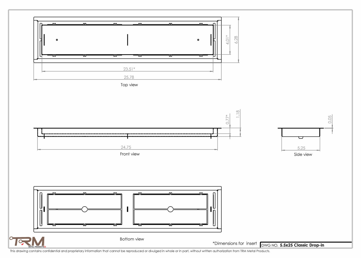 5.5x25 - Classic Drop-in Air Vent, Flush Floor-Matching, All Metal, Floor Vent Cover - TRM Metal  25x5.5