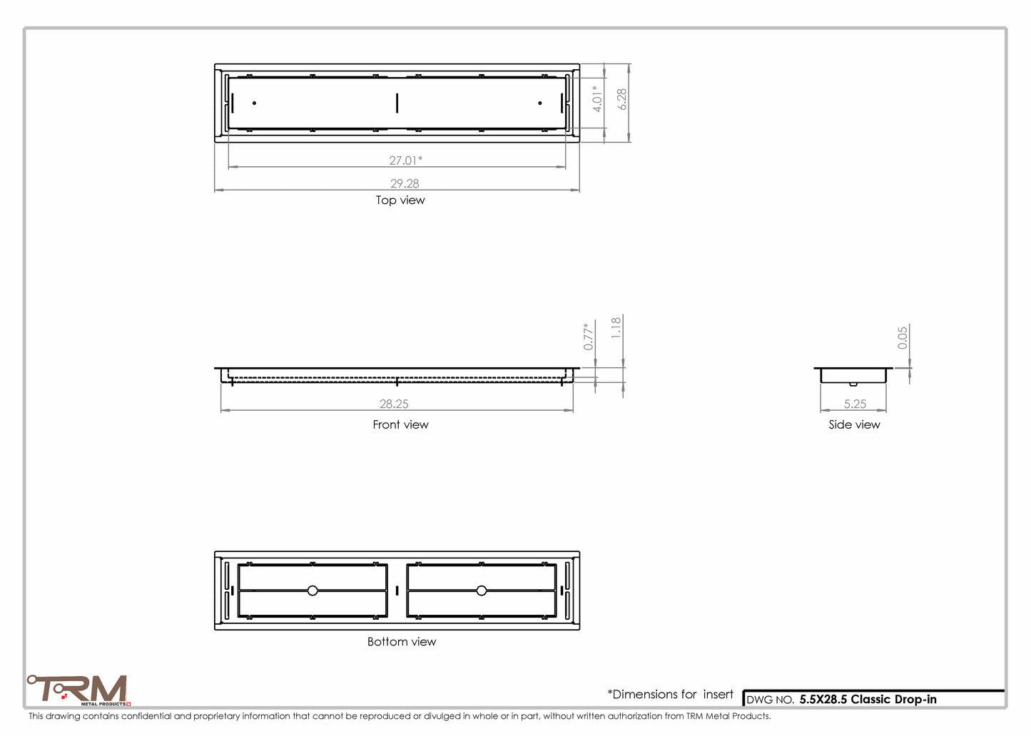 5.5x28.5 - Classic Drop-in Air Vent, Flush Floor-Matching, All Metal, Floor Vent Cover - TRM Metal  28.5x5.5
