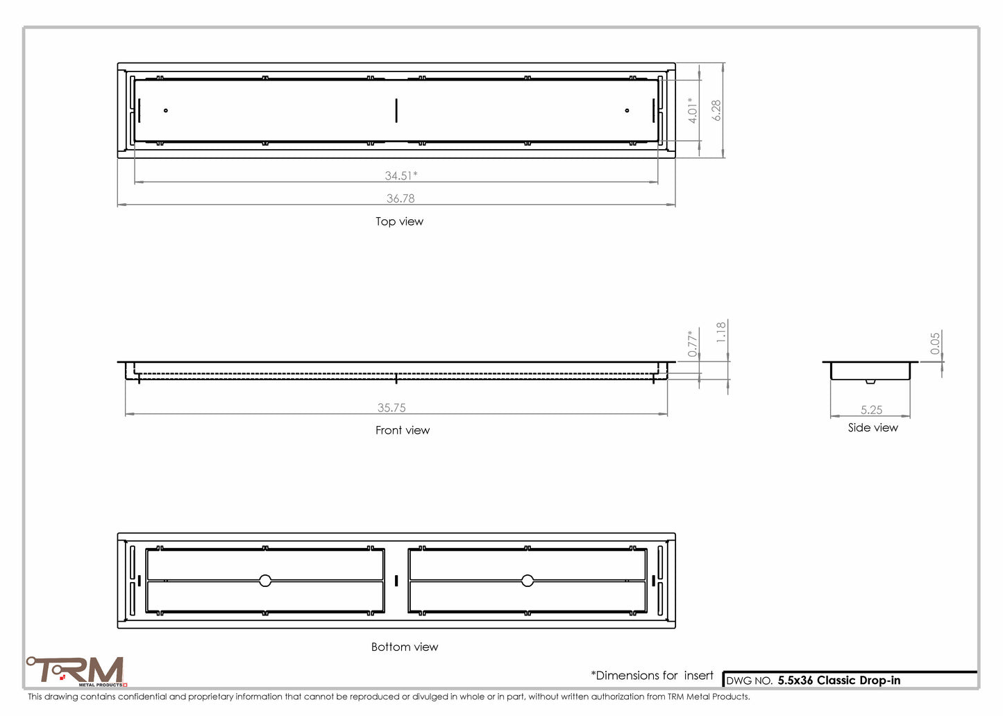 5.5x36 - Classic Drop-in Air Vent, Flush Floor-Matching, All Metal, Floor Vent Cover - TRM Metal  36x5.5