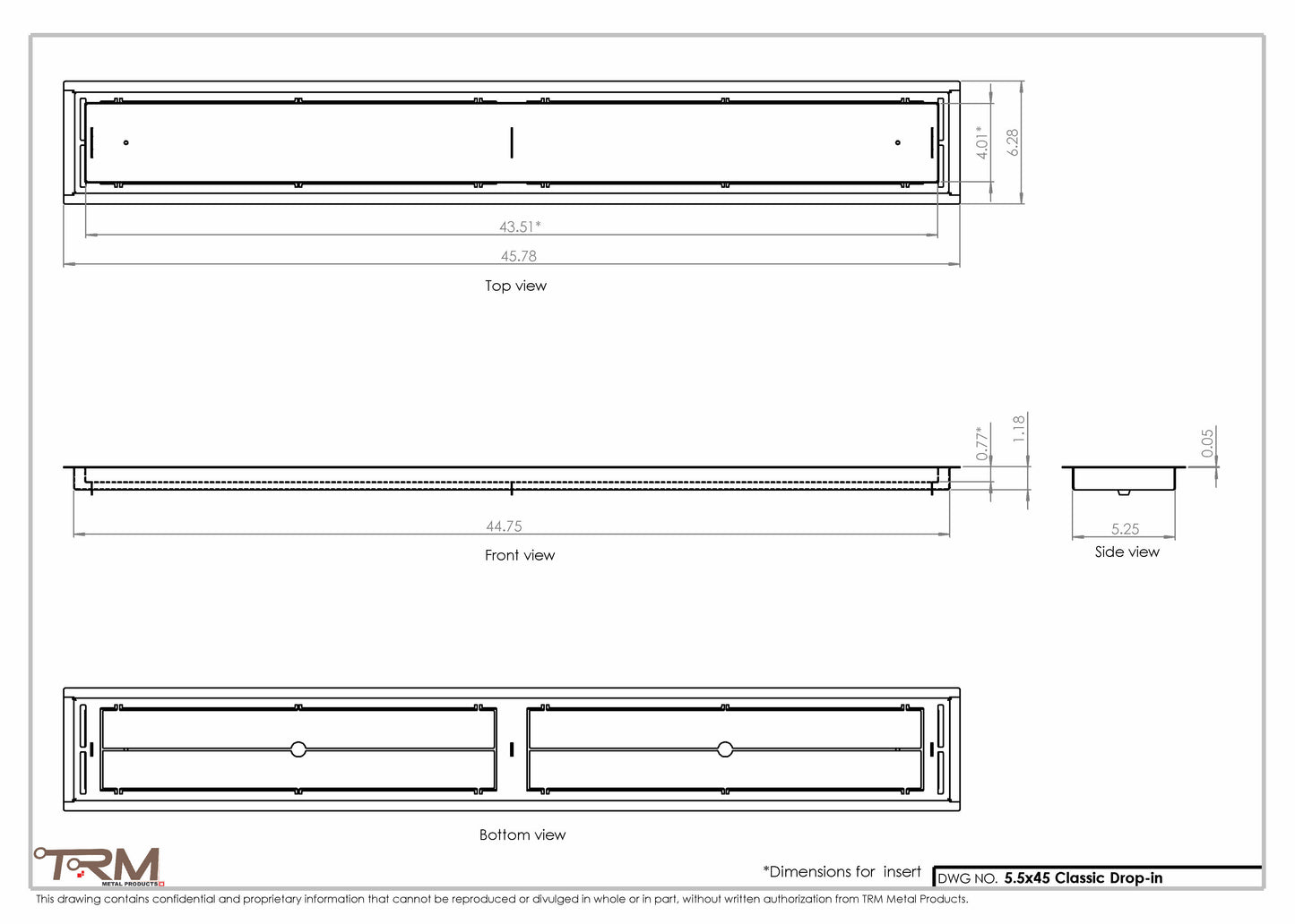 5.5x45 - Classic Drop-in Air Vent, Flush Floor-Matching, All Metal, Floor Vent Cover - TRM Metal  45x5.5