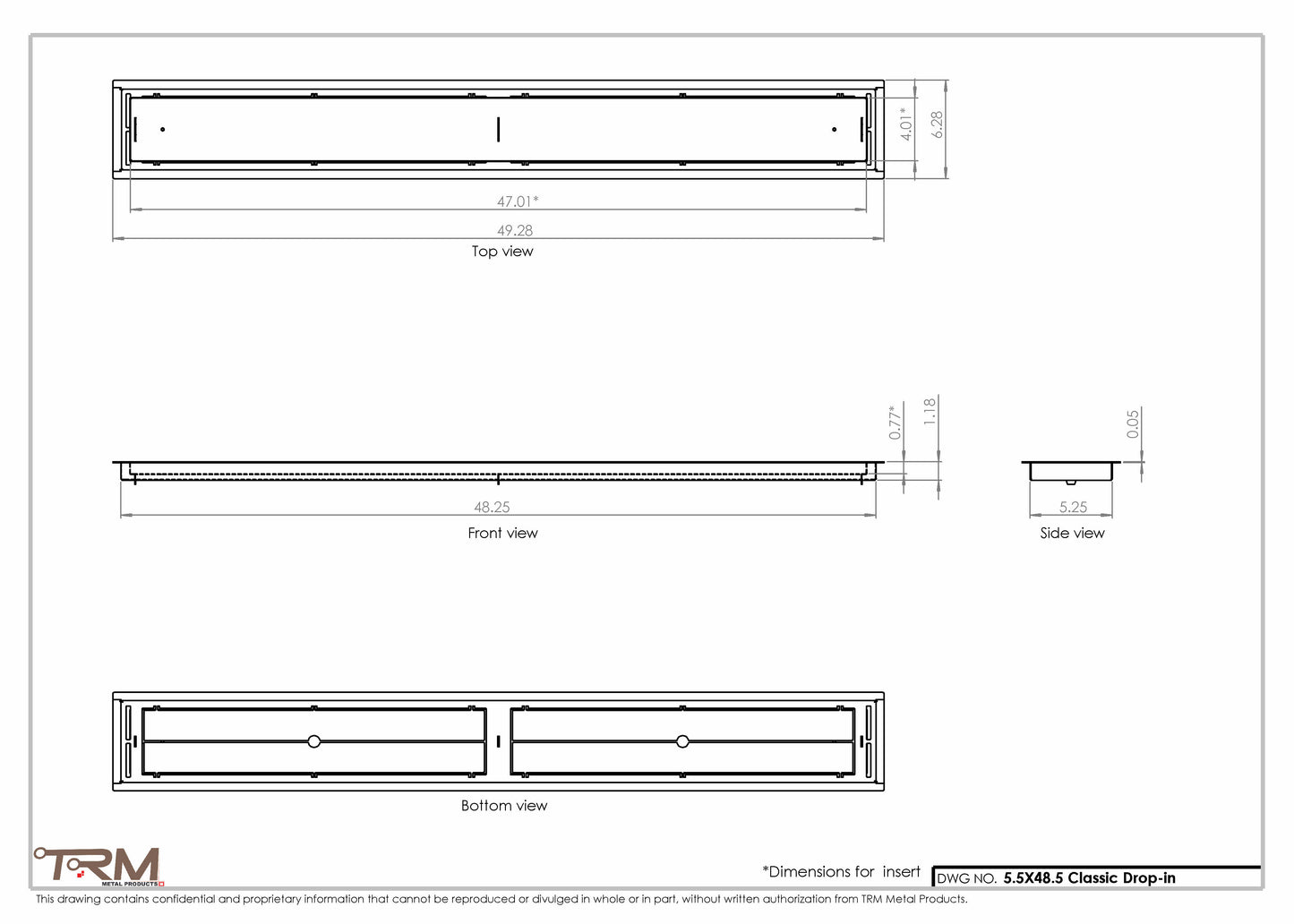 5.5x48.5 - Classic Drop-in Air Vent, Flush Floor-Matching, All Metal, Floor Vent Cover - TRM Metal  48.5x5.5