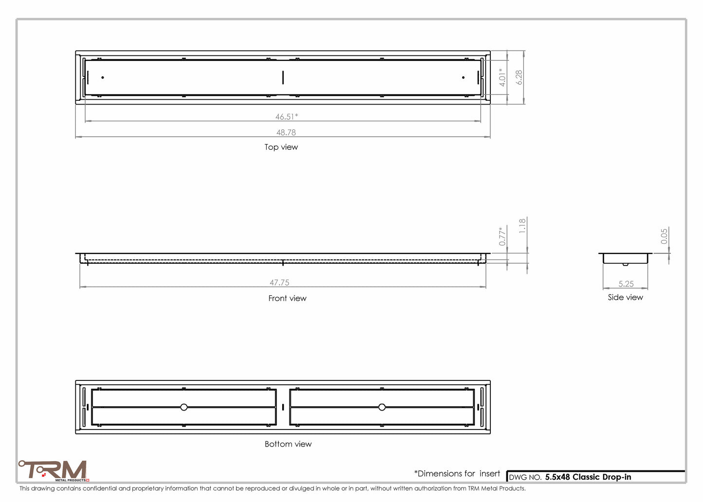 5.5x48 - Classic Drop-in Air Vent, Flush Floor-Matching, All Metal, Floor Vent Cover - TRM Metal  48x5.5