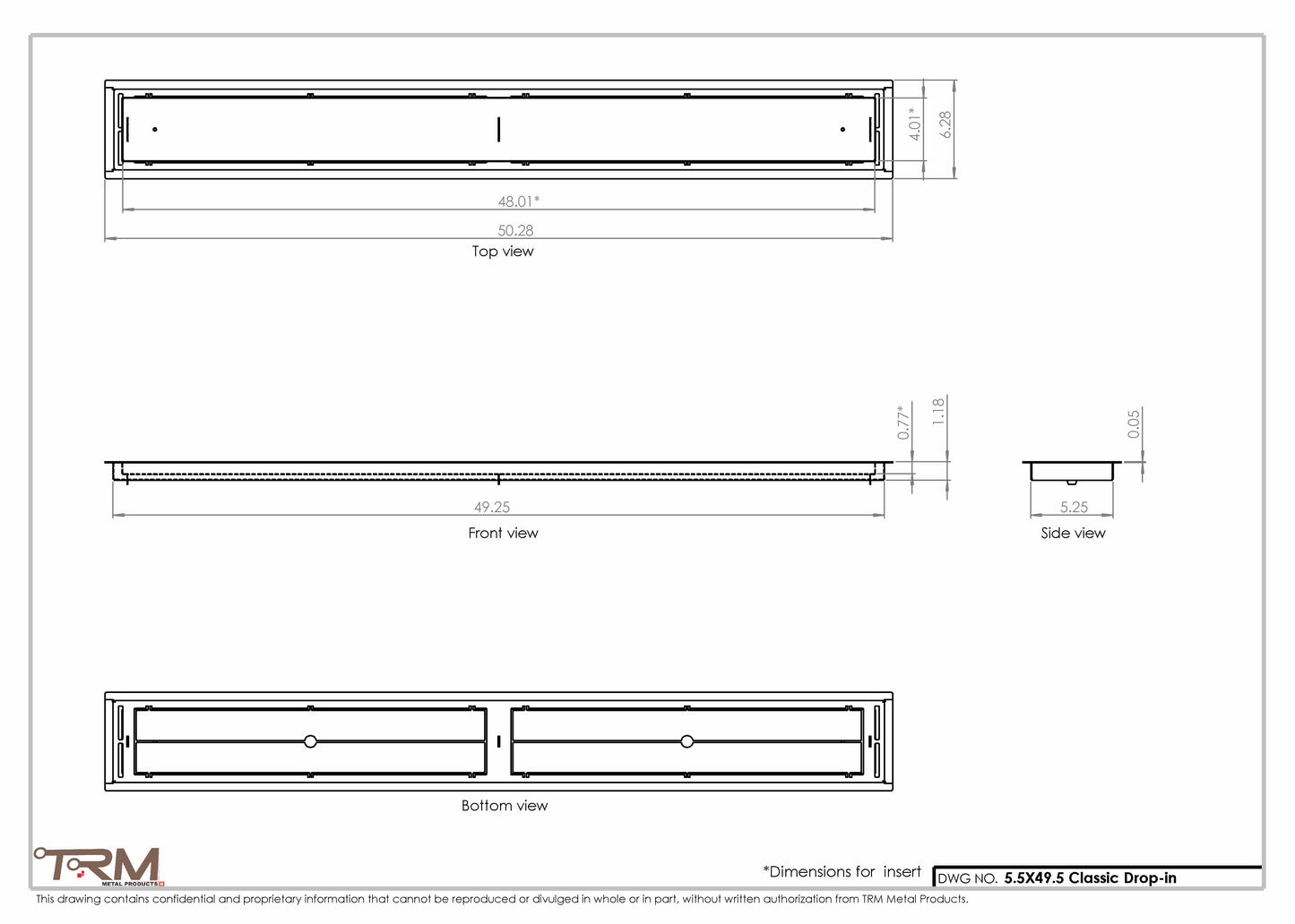 5.5x49.5 - Classic Drop-in Air Vent, Flush Floor-Matching, All Metal, Floor Vent Cover - TRM Metal  49.5x5.5