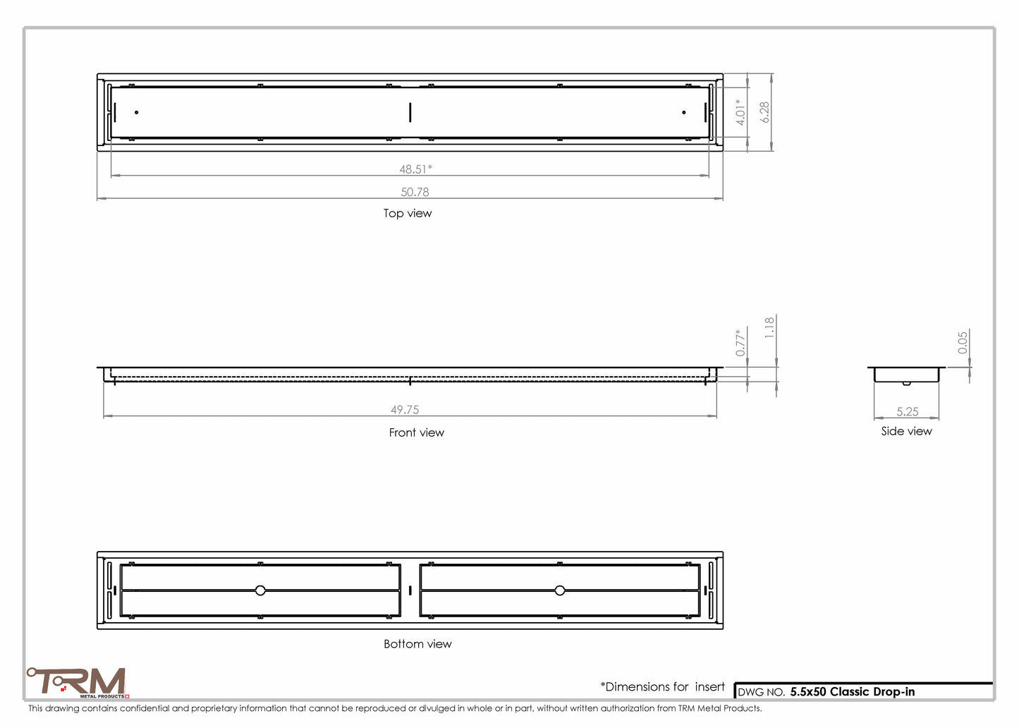 5.5x50 - Classic Drop-in Air Vent, Flush Floor-Matching, All Metal, Floor Vent Cover - TRM Metal  50x5.5