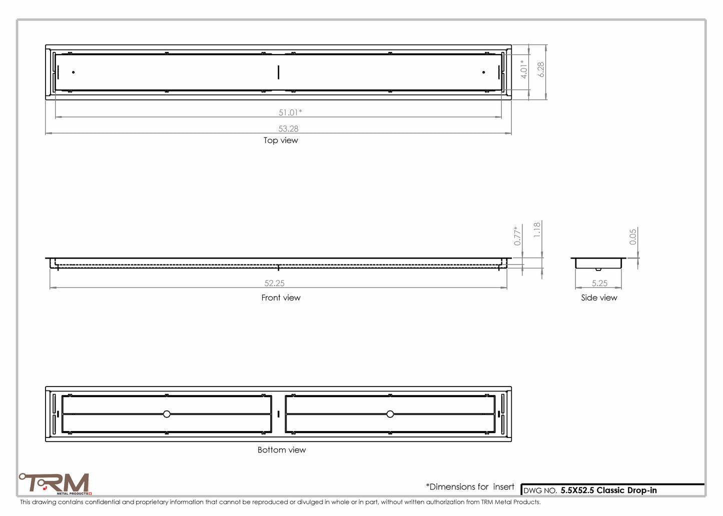 5.5x52.5 - Classic Drop-in Air Vent, Flush Floor-Matching, All Metal, Floor Vent Cover - TRM Metal  52.5x5.5