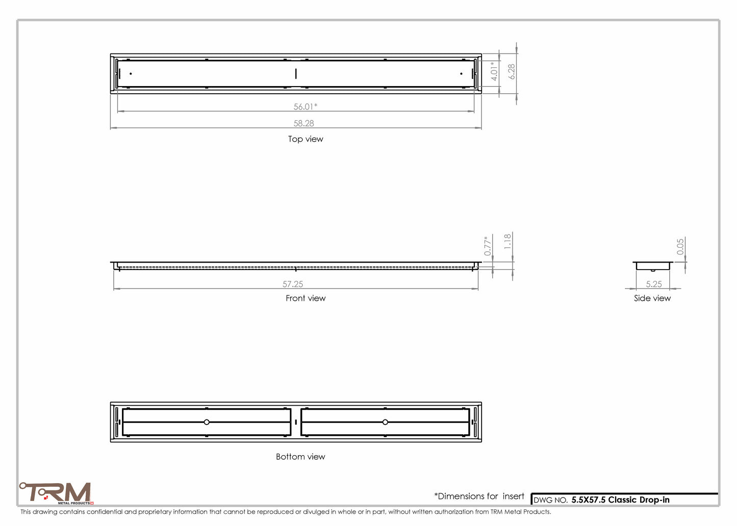 5.5x57.5 - Classic Drop-in Air Vent, Flush Floor-Matching, All Metal, Floor Vent Cover - TRM Metal  57.5x5.5