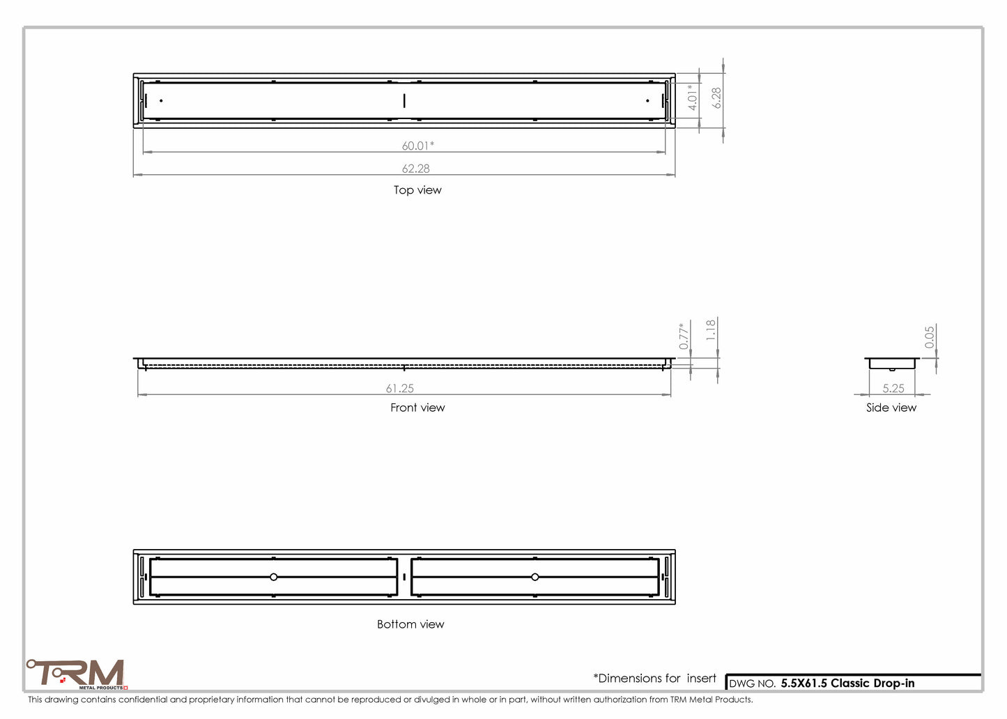 5.5x61.5 - Classic Drop-in Air Vent, Flush Floor-Matching, All Metal, Floor Vent Cover - TRM Metal  61.5x5.5