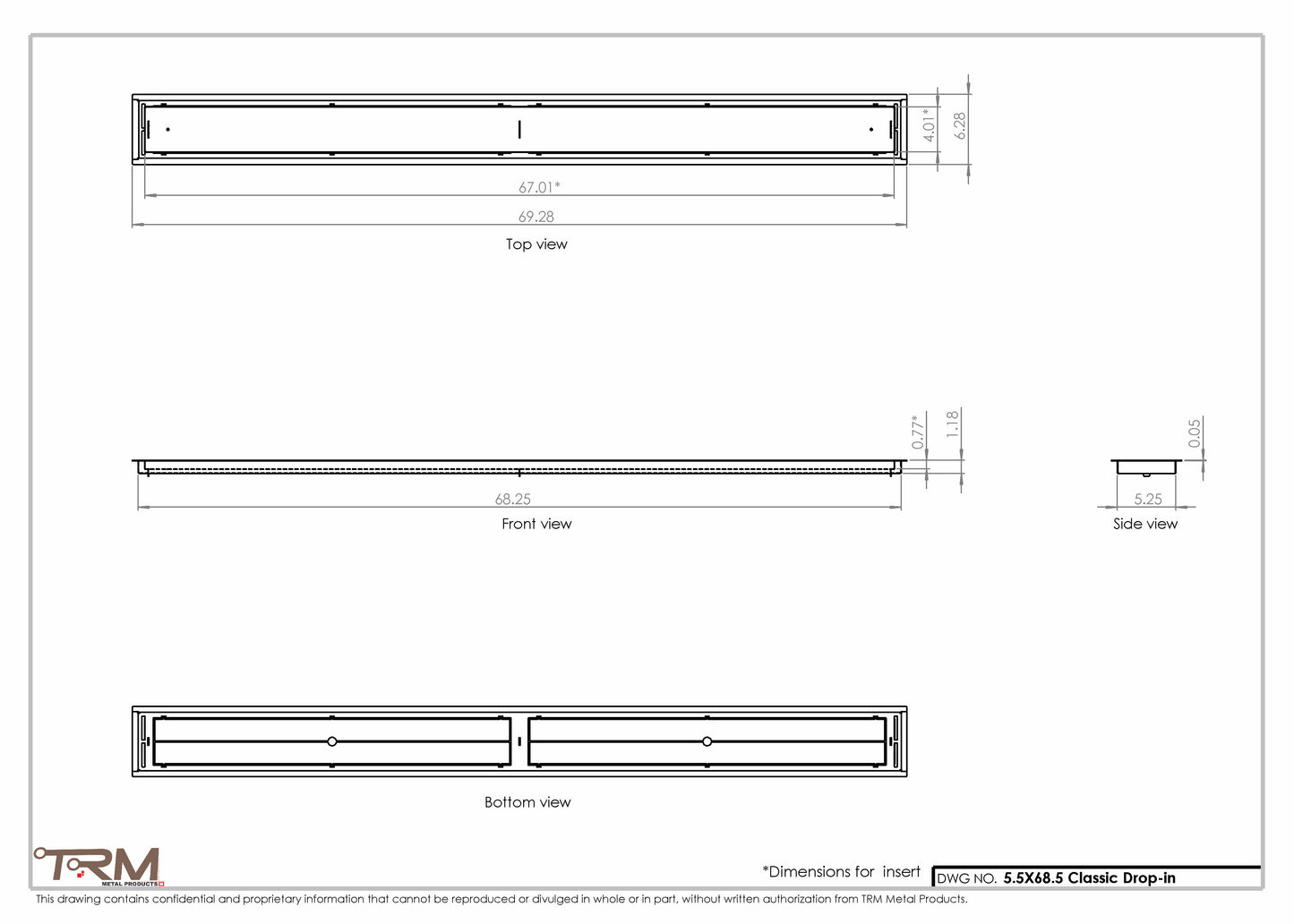 5.5x68.5 - Classic Drop-in Air Vent, Flush Floor-Matching, All Metal, Floor Vent Cover - TRM Metal  68.5x5.5