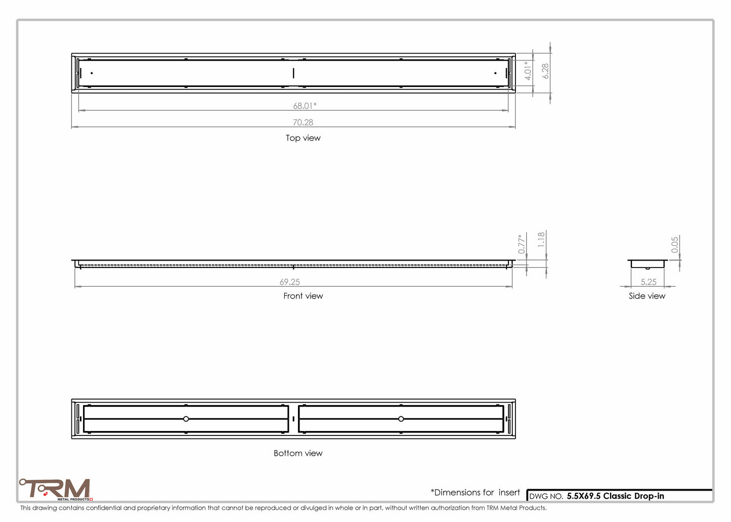 5.5x69.5 - Classic Drop-in Air Vent, Flush Floor-Matching, All Metal, Floor Vent Cover - TRM Metal  69.5x5.5