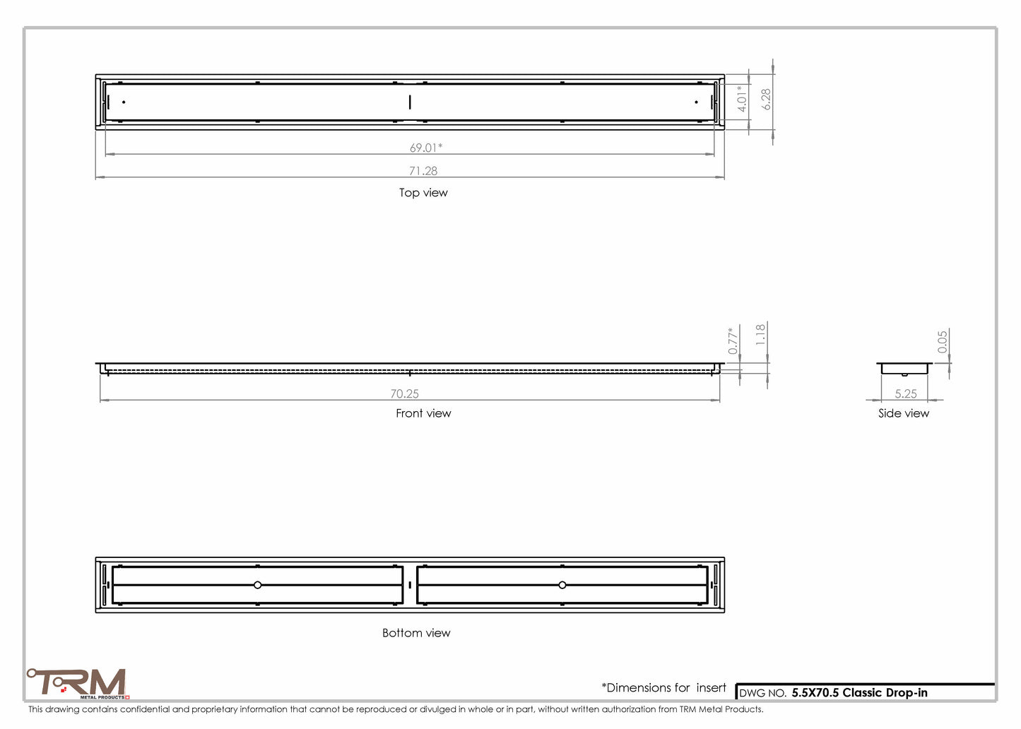 5.5x70.5 - Classic Drop-in Air Vent, Flush Floor-Matching, All Metal, Floor Vent Cover - TRM Metal  70.5x5.5