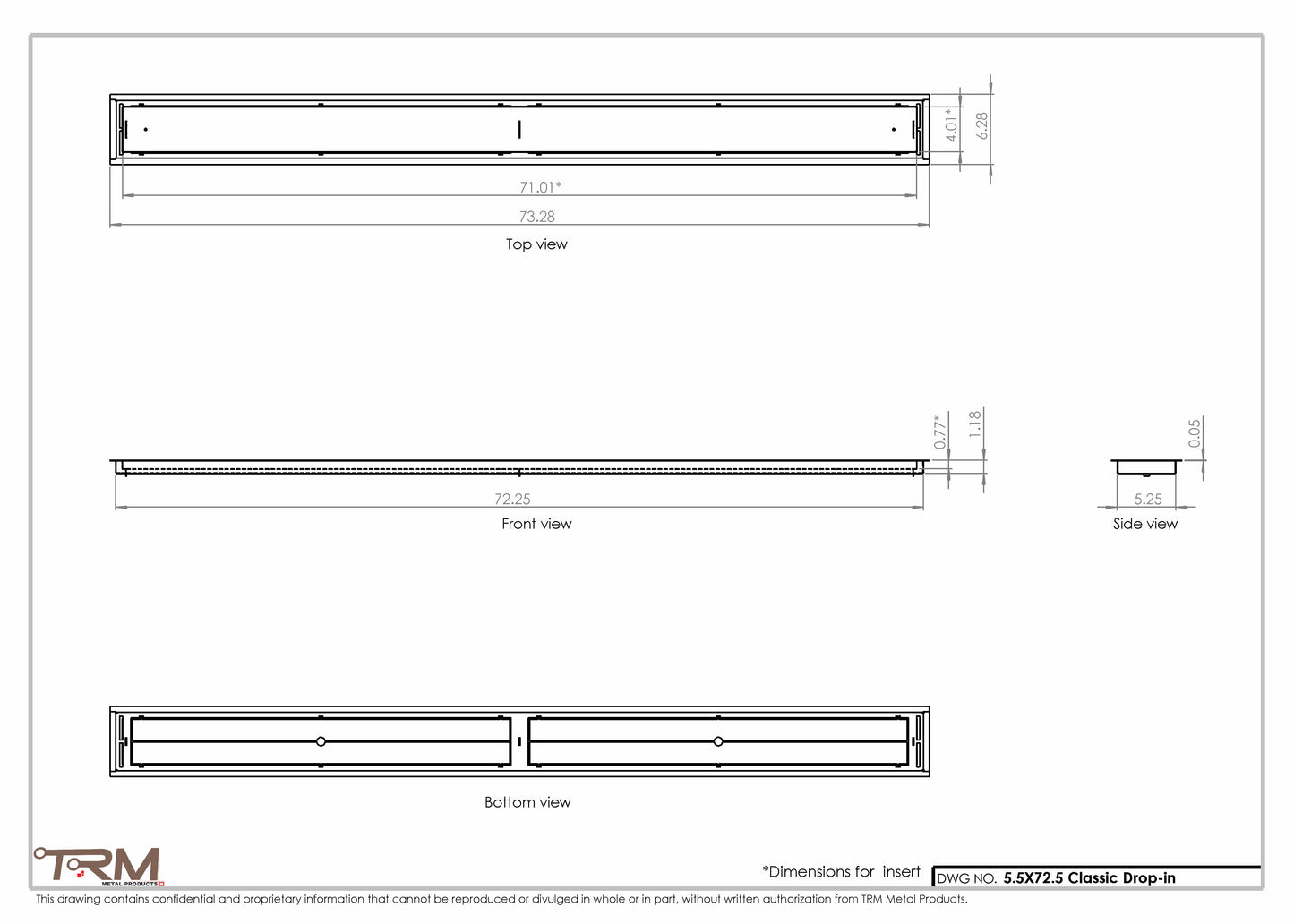 5.5x72.5 - Classic Drop-in Air Vent, Flush Floor-Matching, All Metal, Floor Vent Cover - TRM Metal  72.5x5.5