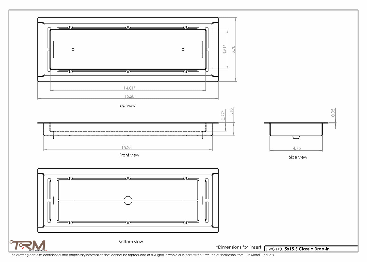 5x15.5 - Classic Drop-in Air Vent, Flush Floor-Matching, All Metal, Floor Vent Cover - TRM Metal  15.5x5