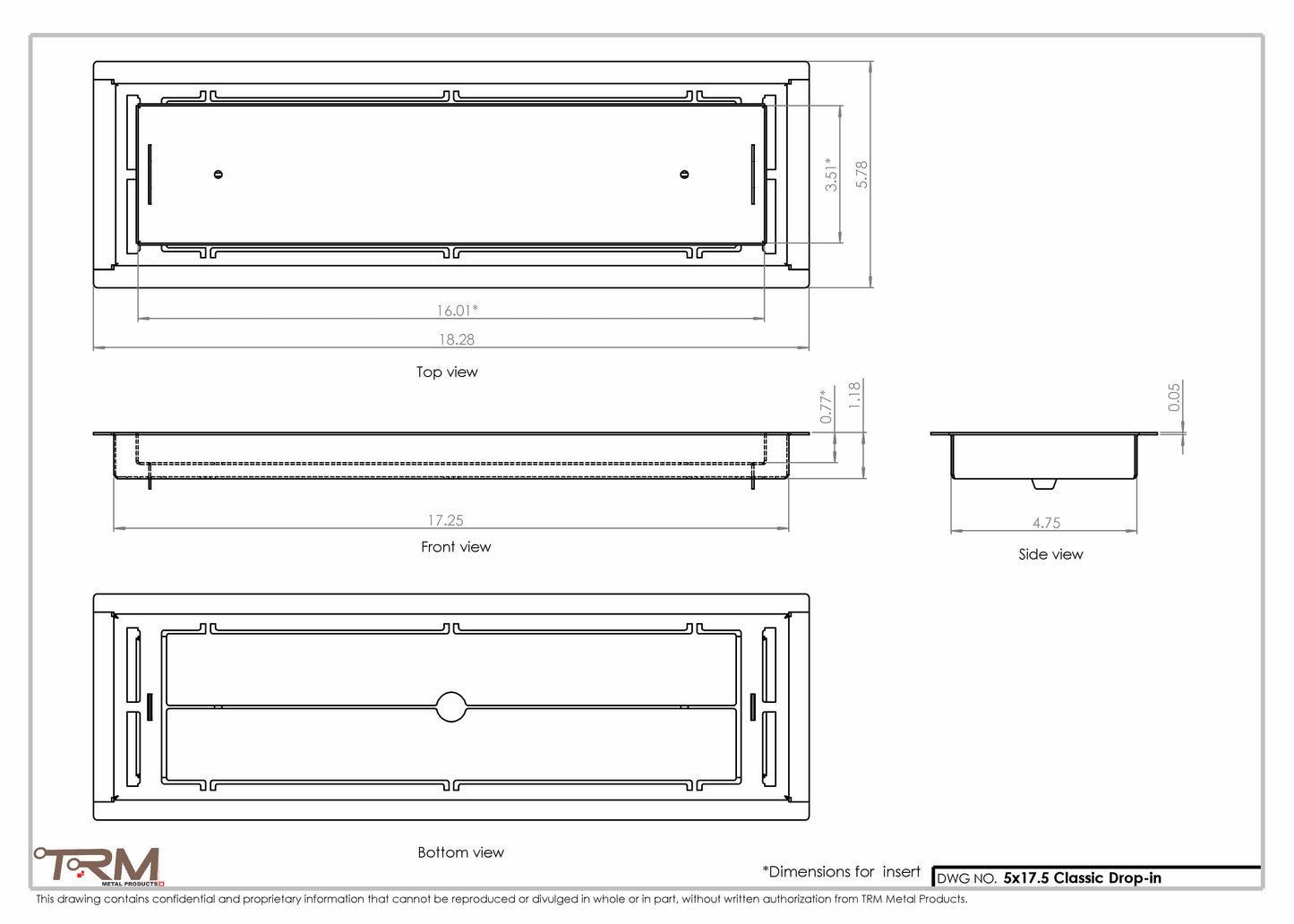 5x17.5 - Classic Drop-in Air Vent, Flush Floor-Matching, All Metal, Floor Vent Cover - TRM Metal  17.5x5
