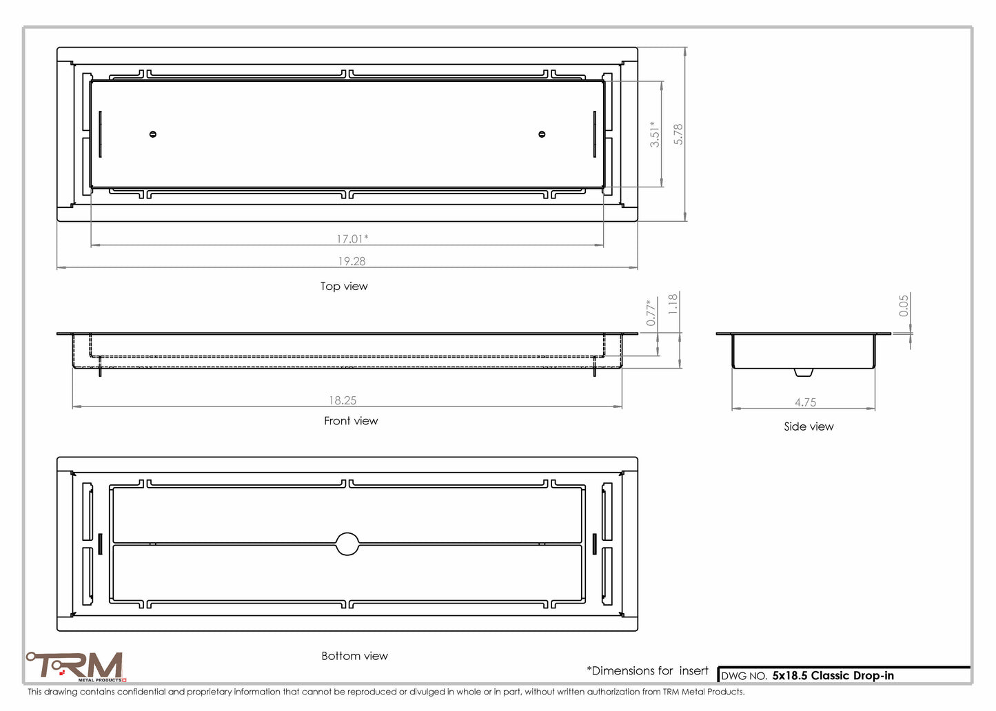 5x18.5 - Classic Drop-in Air Vent, Flush Floor-Matching, All Metal, Floor Vent Cover - TRM Metal  18.5x5