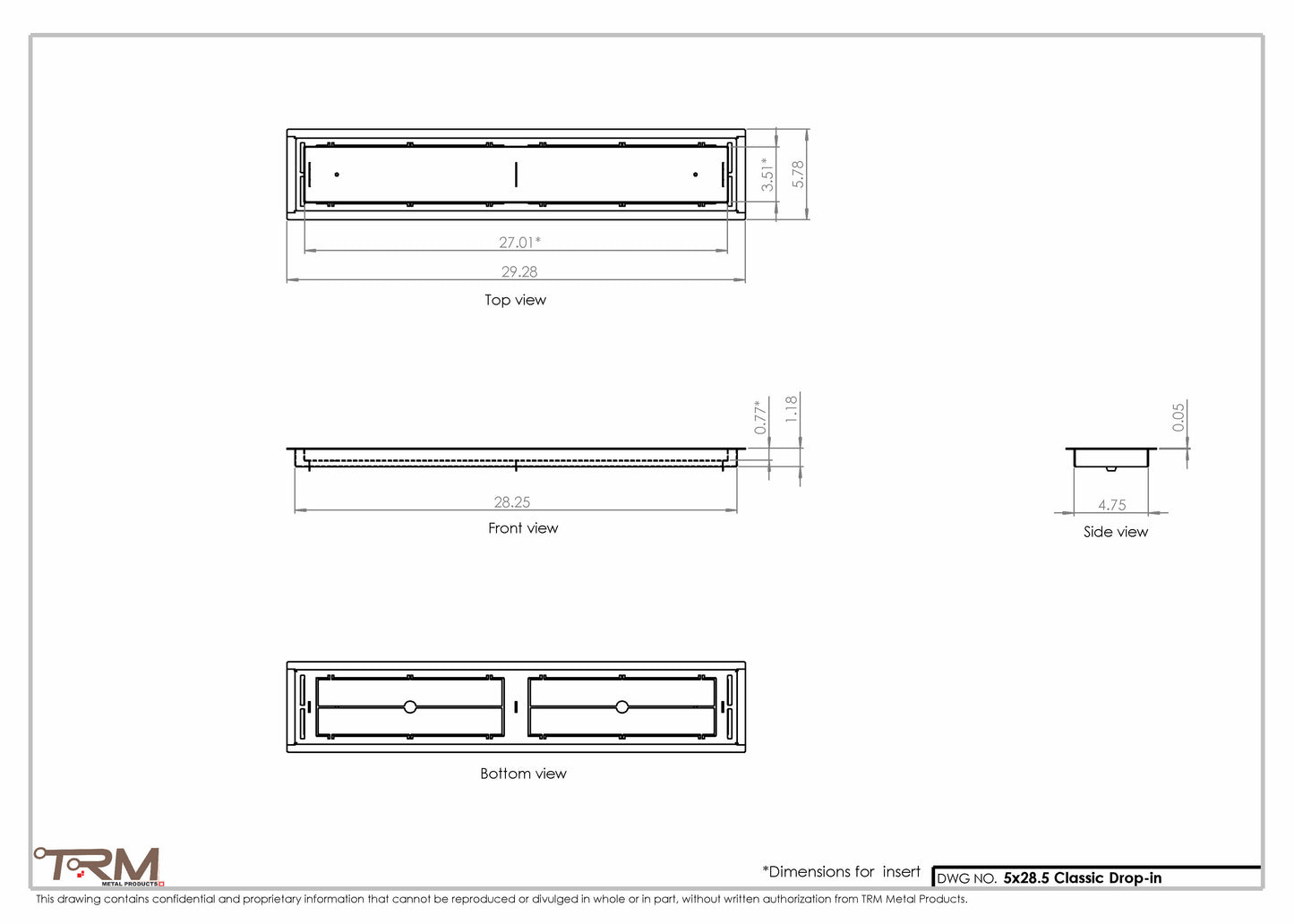 5x28.5 - Classic Drop-in Air Vent, Flush Floor-Matching, All Metal, Floor Vent Cover - TRM Metal  28.5x5