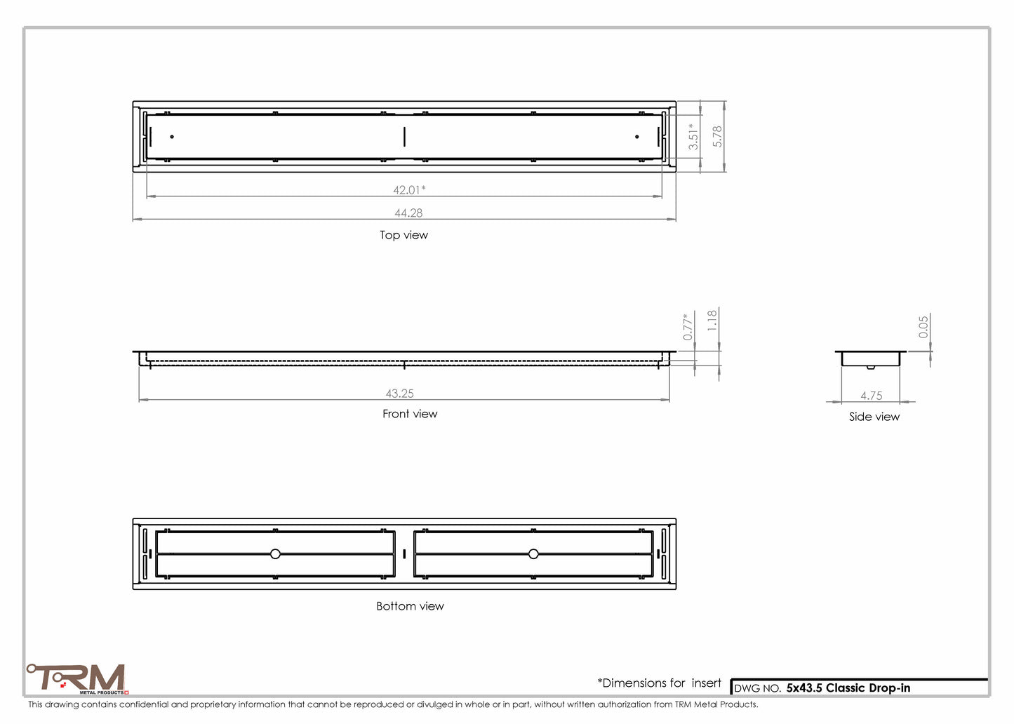 5x43.5 - Classic Drop-in Air Vent, Flush Floor-Matching, All Metal, Floor Vent Cover - TRM Metal  43.5x5