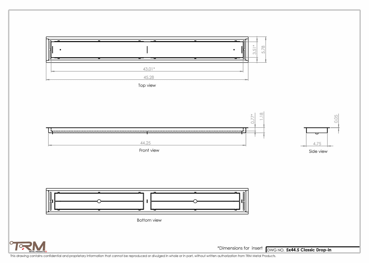 5x44.5 - Classic Drop-in Air Vent, Flush Floor-Matching, All Metal, Floor Vent Cover - TRM Metal  44.5x5
