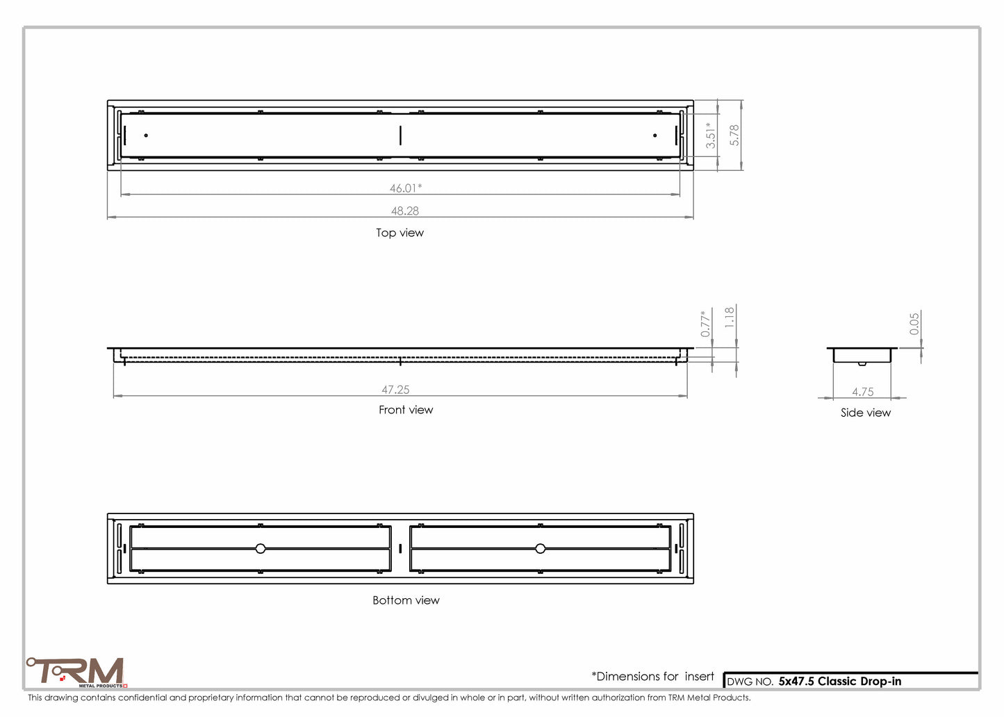 5x47.5 - Classic Drop-in Air Vent, Flush Floor-Matching, All Metal, Floor Vent Cover - TRM Metal  47.5x5