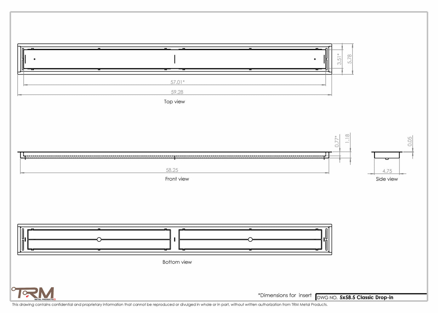 5x58.5 - Classic Drop-in Air Vent, Flush Floor-Matching, All Metal, Floor Vent Cover - TRM Metal  58.5x5