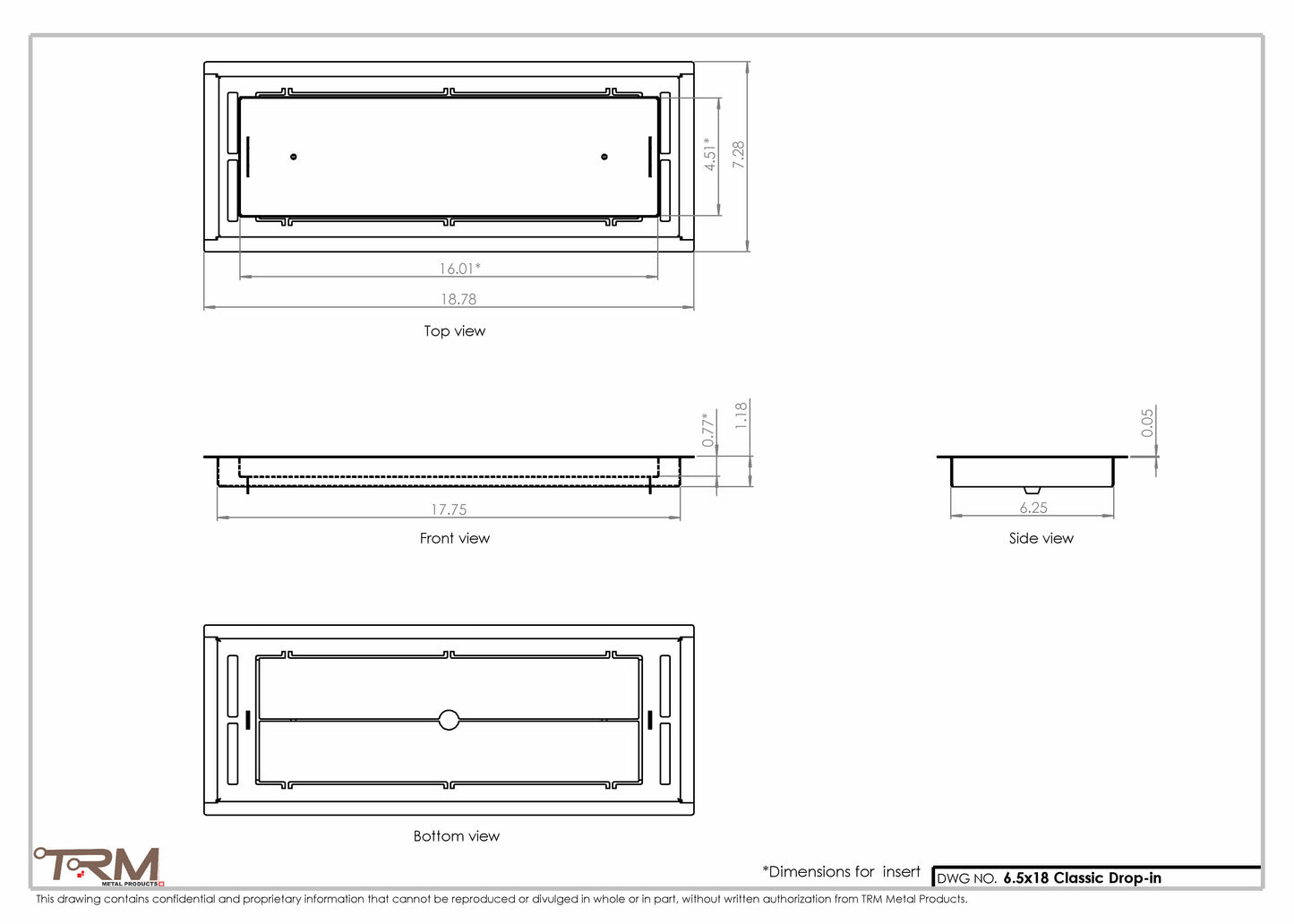 6.5x18 - Classic Drop-in Air Vent, Flush Floor-Matching, All Metal, Floor Vent Cover - TRM Metal  18x6.5