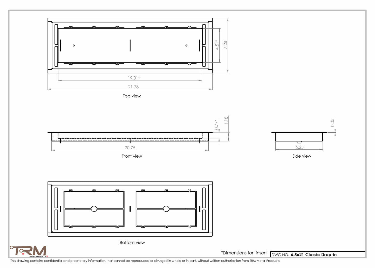 6.5x21 - Classic Drop-in Air Vent, Flush Floor-Matching, All Metal, Floor Vent Cover - TRM Metal  21x6.5