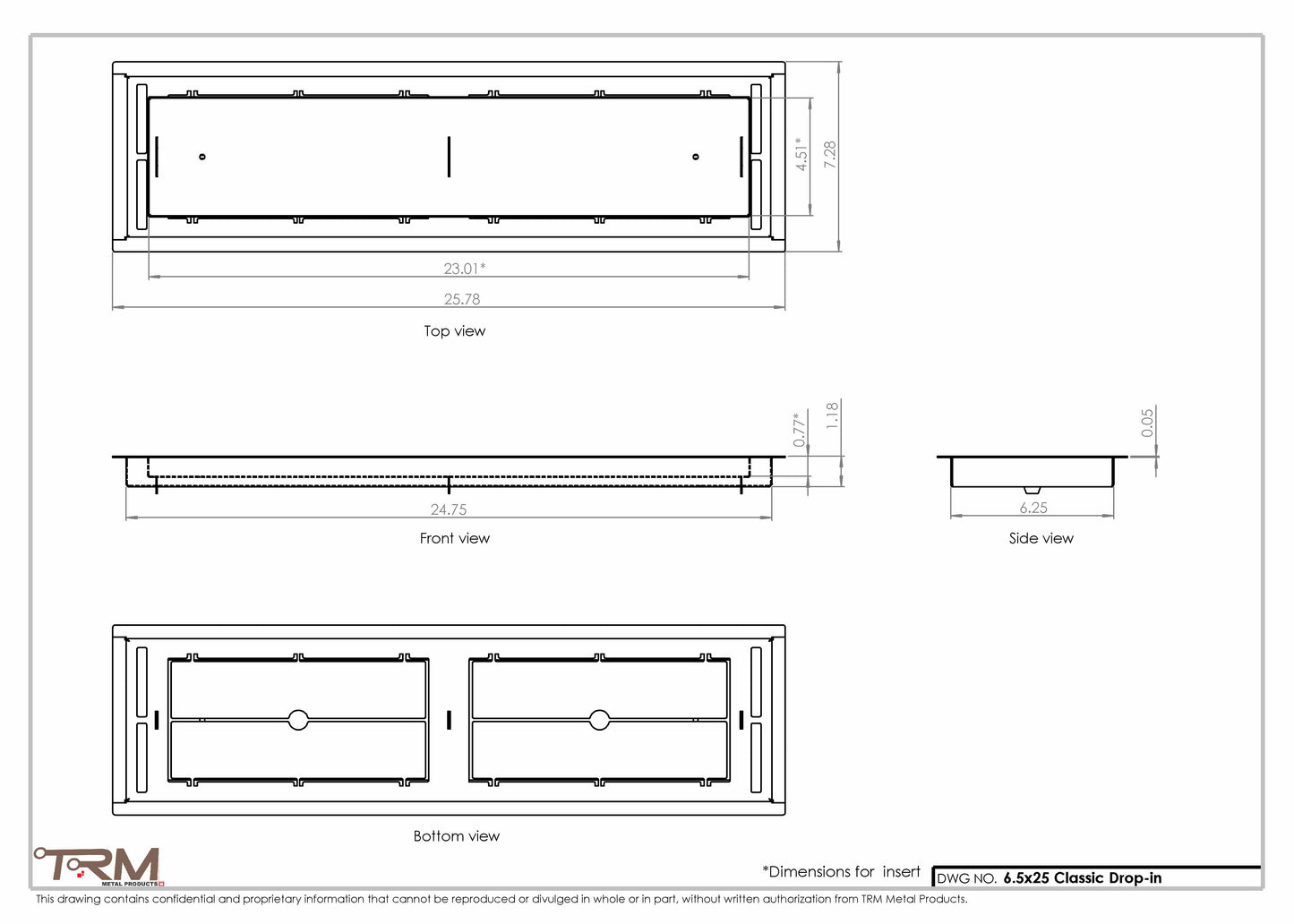 6.5x25 - Classic Drop-in Air Vent, Flush Floor-Matching, All Metal, Floor Vent Cover - TRM Metal  25x6.5