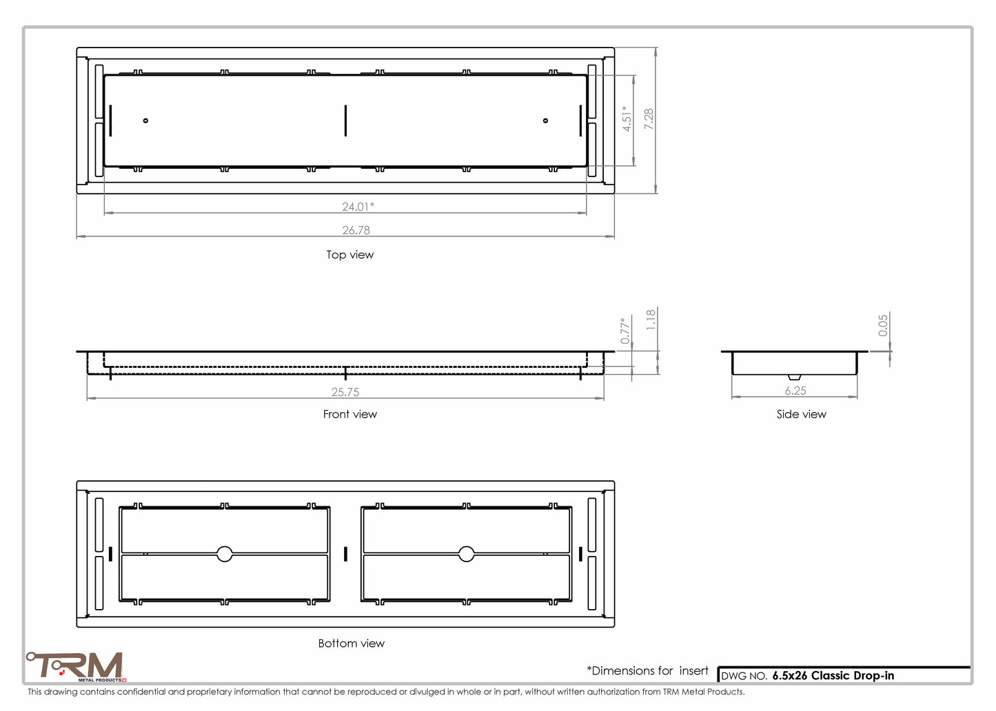 6.5x26 - Classic Drop-in Air Vent, Flush Floor-Matching, All Metal, Floor Vent Cover - TRM Metal  26x6.5