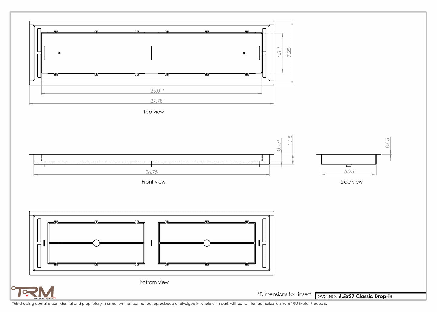 6.5x27 - Classic Drop-in Air Vent, Flush Floor-Matching, All Metal, Floor Vent Cover - TRM Metal  27x6.5