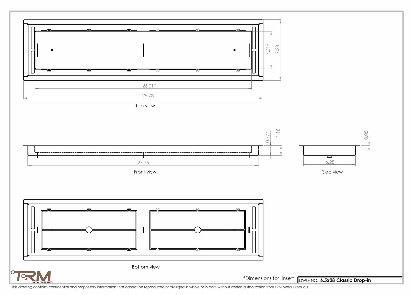 6.5x28 - Classic Drop-in Air Vent, Flush Floor-Matching, All Metal, Floor Vent Cover - TRM Metal  28x6.5