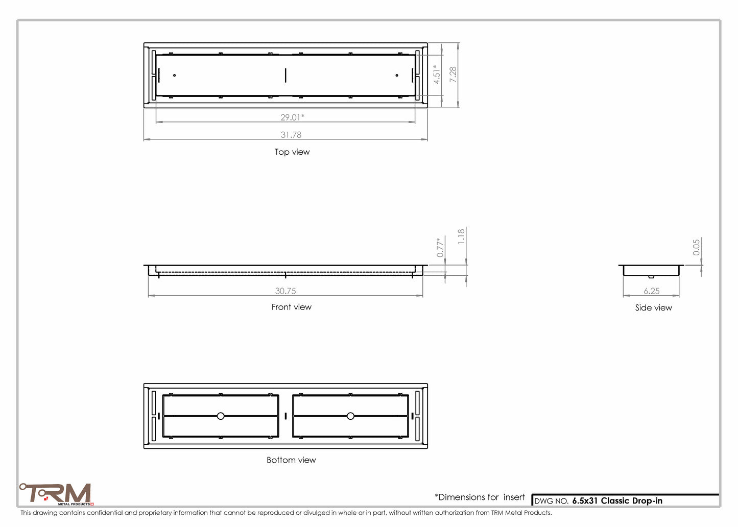 6.5x31 - Classic Drop-in Air Vent, Flush Floor-Matching, All Metal, Floor Vent Cover - TRM Metal  31x6.5