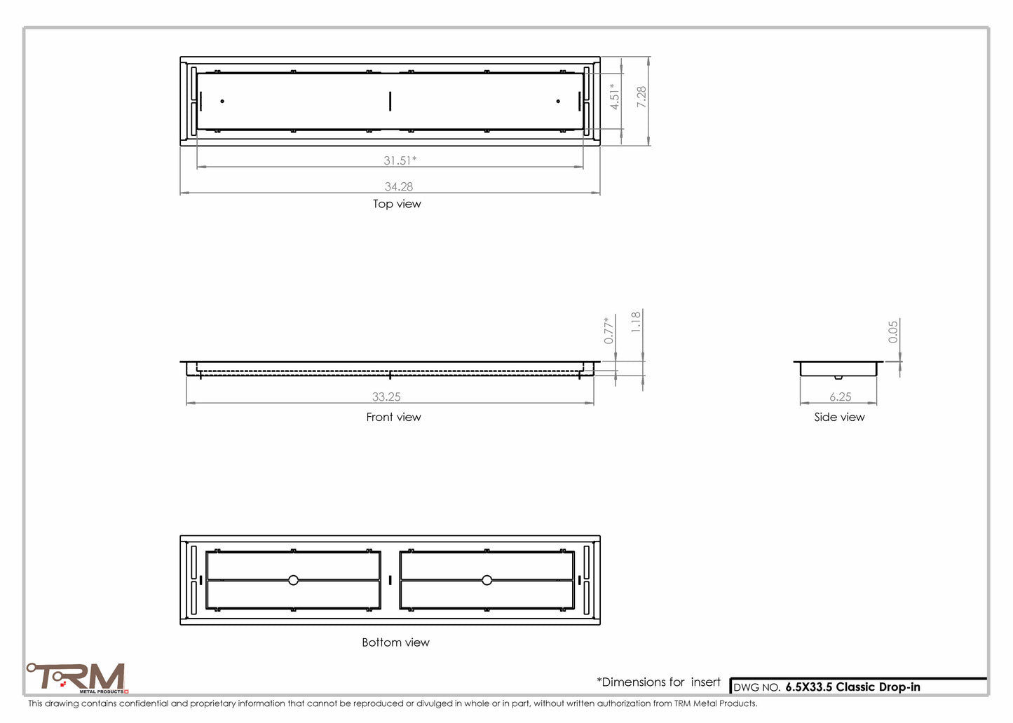 6.5x33.5 - Classic Drop-in Air Vent, Flush Floor-Matching, All Metal, Floor Vent Cover - TRM Metal  33.5x6.5
