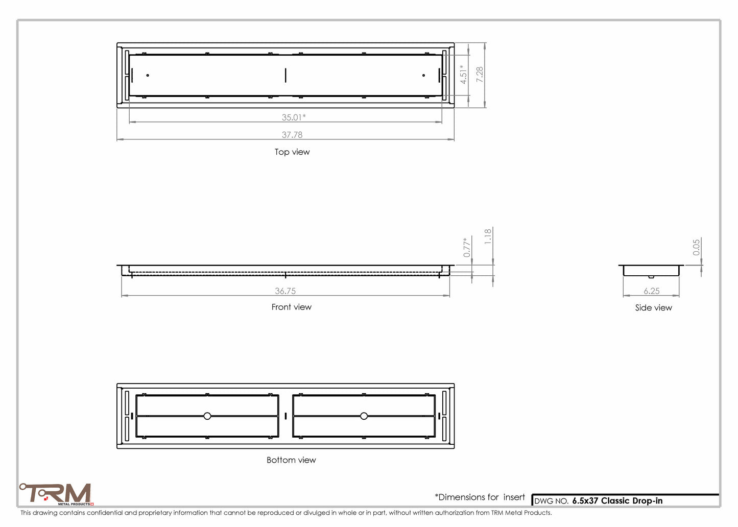 6.5x37 - Classic Drop-in Air Vent, Flush Floor-Matching, All Metal, Floor Vent Cover - TRM Metal  37x6.5