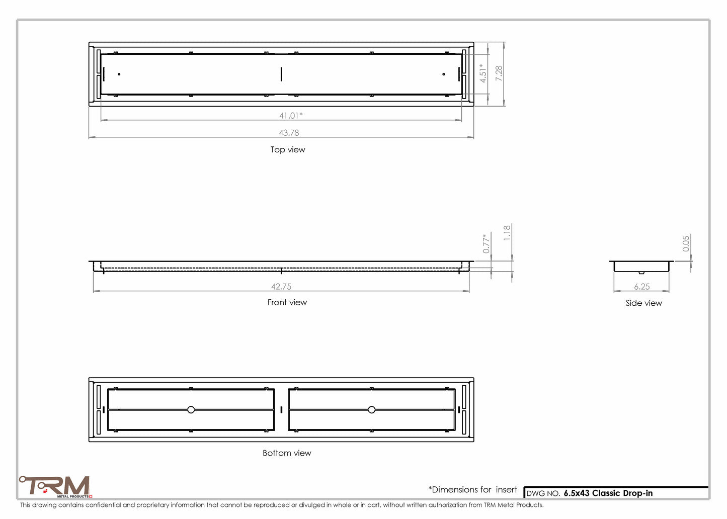 6.5x43 - Classic Drop-in Air Vent, Flush Floor-Matching, All Metal, Floor Vent Cover - TRM Metal  43x6.5