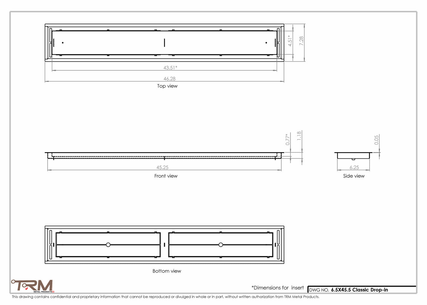 6.5x45.5 - Classic Drop-in Air Vent, Flush Floor-Matching, All Metal, Floor Vent Cover - TRM Metal  45.5x6.5