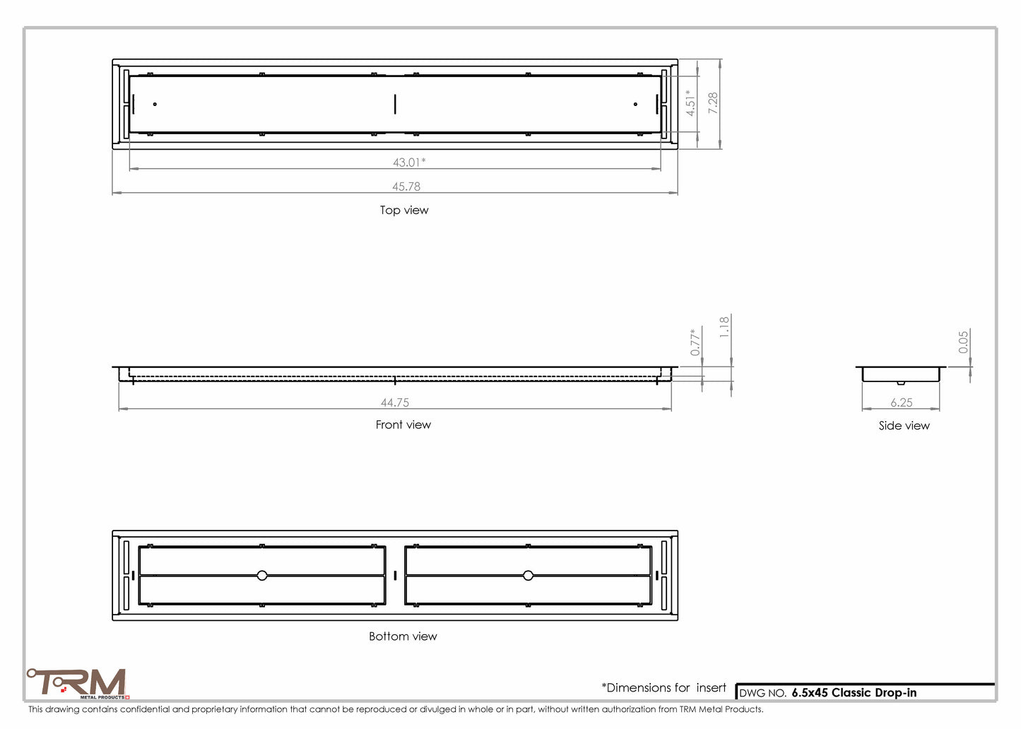 6.5x45 - Classic Drop-in Air Vent, Flush Floor-Matching, All Metal, Floor Vent Cover - TRM Metal  45x6.5