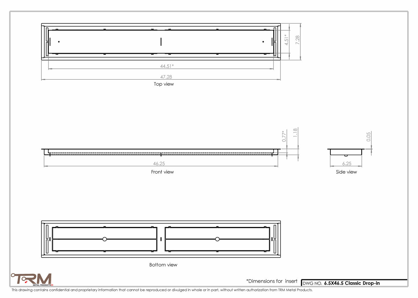 6.5x46.5 - Classic Drop-in Air Vent, Flush Floor-Matching, All Metal, Floor Vent Cover - TRM Metal  46.5x6.5