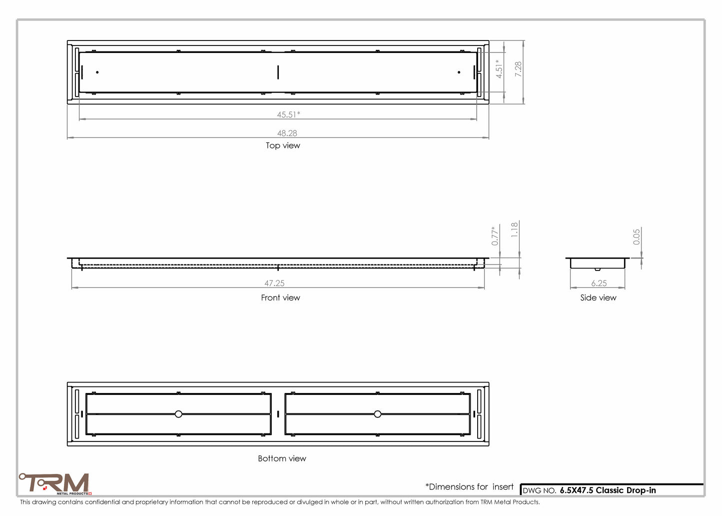 6.5x47.5 - Classic Drop-in Air Vent, Flush Floor-Matching, All Metal, Floor Vent Cover - TRM Metal  47.5x6.5